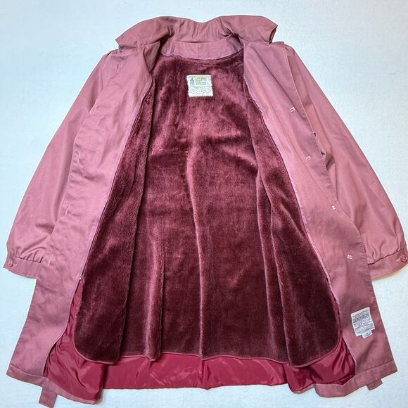 Vintage London Fog Maincoats Removable Faux Fur Lining Mauve Trench Belted Sz 12 - Picture 3 of 10